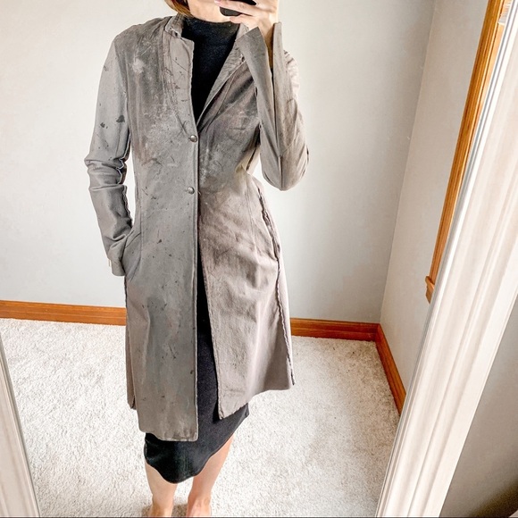 The Hazel Brown Collection Leather Distressed Trench Coat - Picture 1 of 8